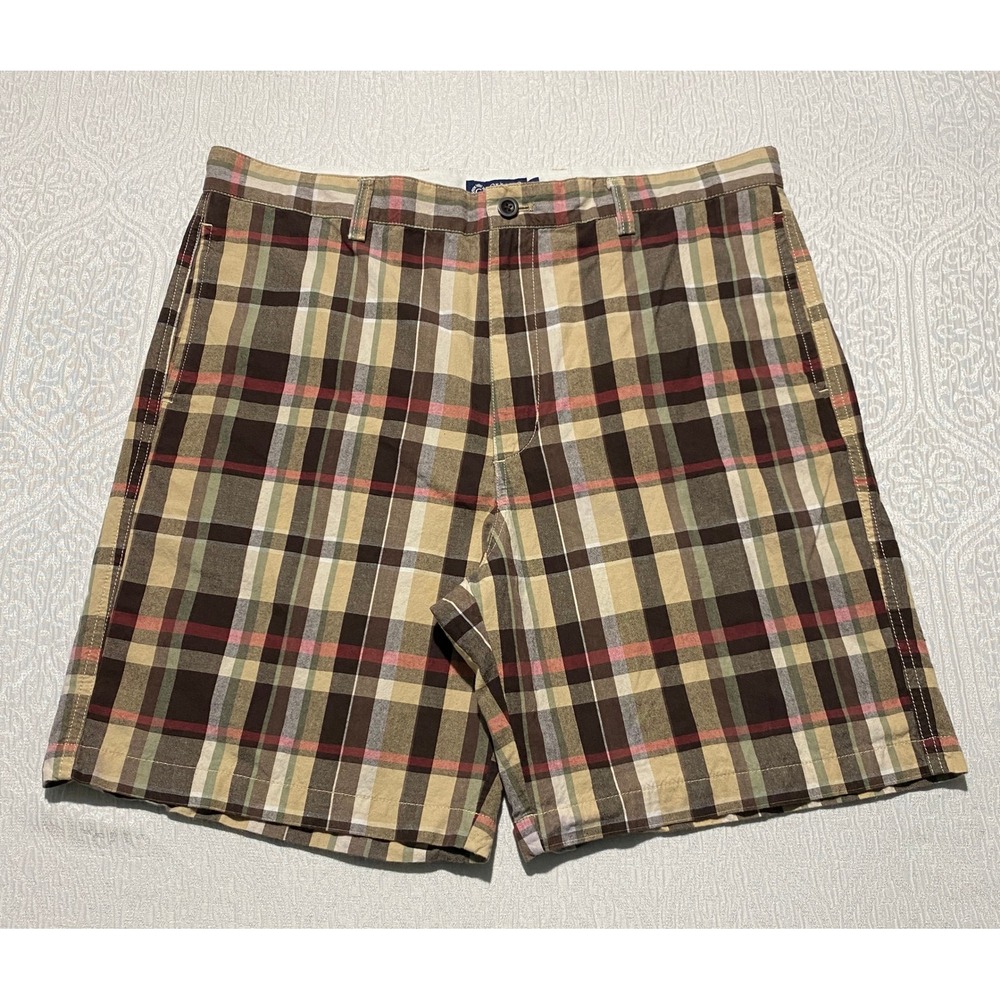 Chaps Men's Chino Shorts Size 38 Brown Plaid 100% Cotton Flat Front‎ Casual